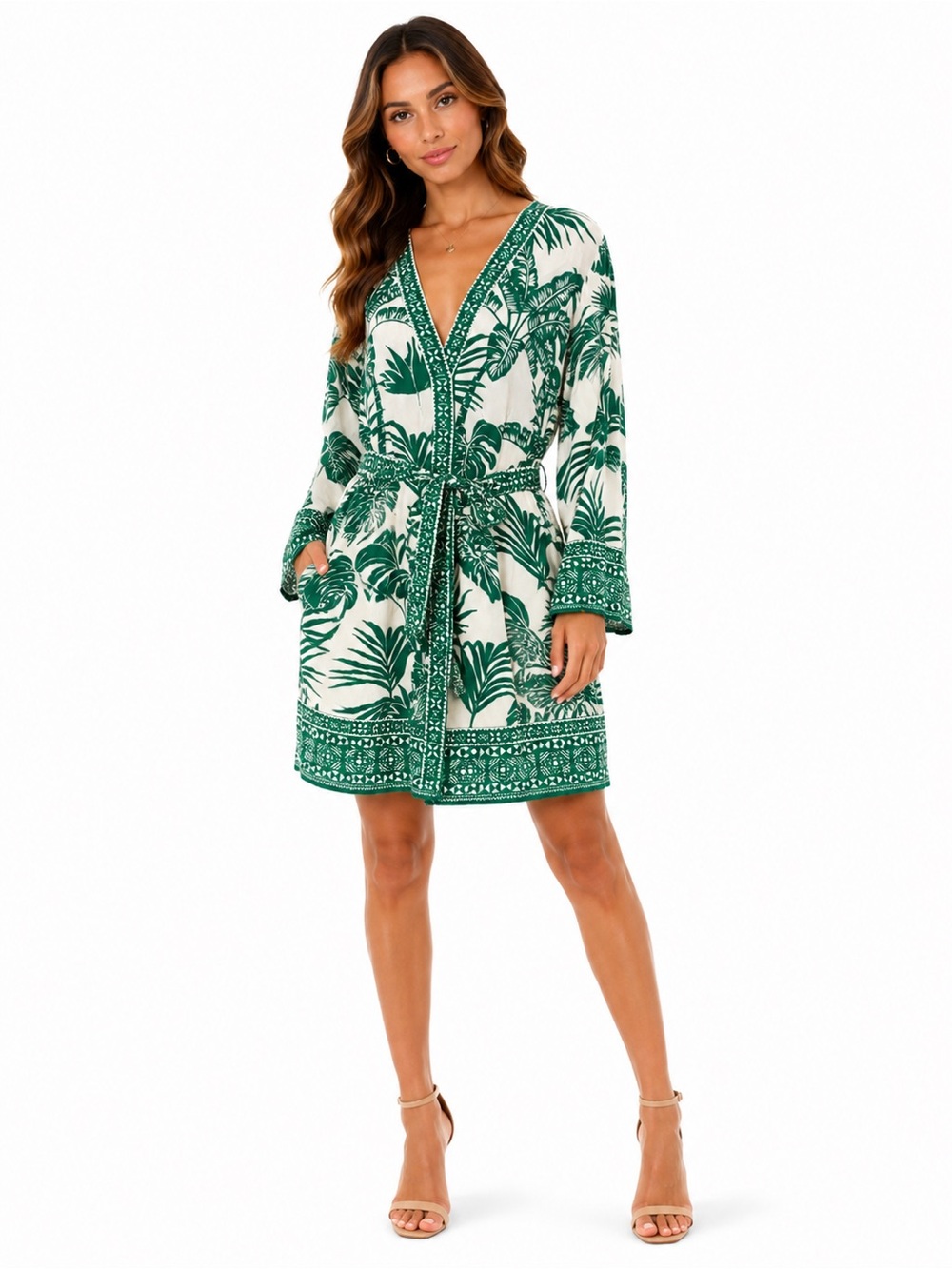 Velvet by Graham & Spencer White Dress with Teal Green Tropical Print